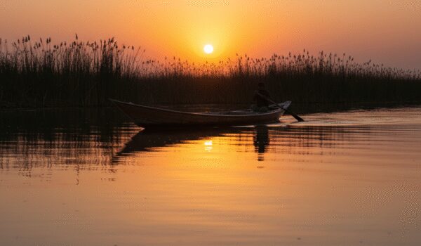 قایق‌سواری در تالاب شادگان در غروب آفتاب