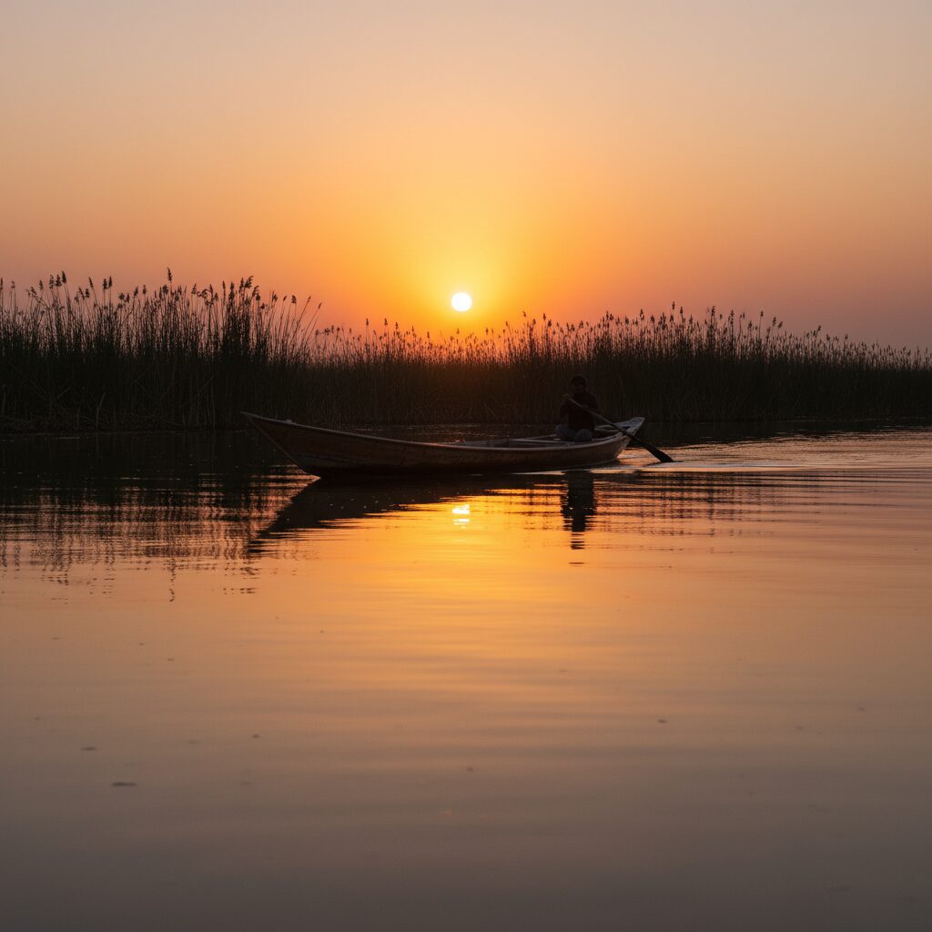 قایق‌سواری در تالاب شادگان در غروب آفتاب